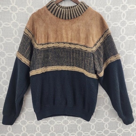 Vintage Deerskin Trading Post Leather Wool Mock neck Knit Sweater Men's L - Picture 1 of 10